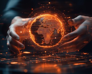 Poster - futuristic hands engaging with a glowing orange digital globe on a hightech interface, representing 