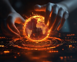 Poster - futuristic hands engaging with a glowing orange digital globe on a hightech interface, representing 