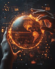 Poster - Futuristic hands reaching out to a glowing orange digital globe, surrounded by a hightech interface, symbolizing global data management, innovation, and technology