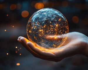 Poster - Hand gently supporting a glowing digital network sphere, representing global communication and data flow, futuristic interface, advanced technology, glowing patterns