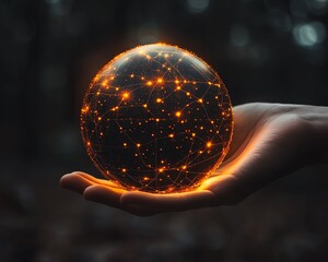 Poster - Hand gently supporting a glowing digital network sphere, representing global communication and data flow, futuristic interface, advanced technology, glowing patterns