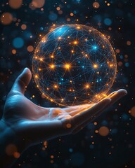 Poster - Hand supporting a glowing digital network sphere, symbolizing global communication, data flow, and technological innovation, futuristic design, glowing effects