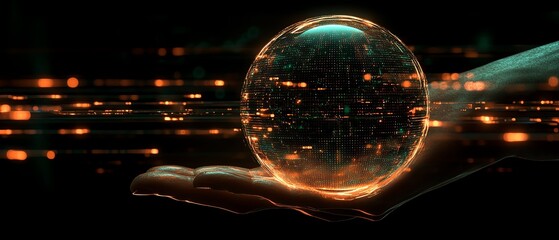 Poster - Hand supporting a glowing digital network sphere, symbolizing global communication, data flow, and technological innovation, futuristic design, glowing effects