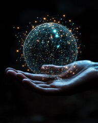 Poster - Hand supporting a glowing digital network sphere, symbolizing global communication, data flow, and technological innovation, futuristic design, glowing effects