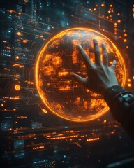 Poster - Hands interacting with a glowing orange digital globe over a futuristic interface, symbolizing global data management and technological innovation, sleek design, glowing elements