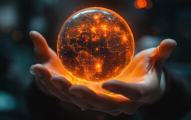 Poster - Hands interacting with a glowing orange digital globe over a futuristic interface, symbolizing global data management and technological innovation, sleek design, glowing elements