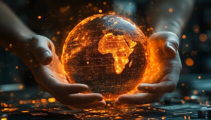 Poster - Hands interacting with a glowing orange digital globe over a futuristic interface, symbolizing global data management and technological innovation, sleek design, glowing elements