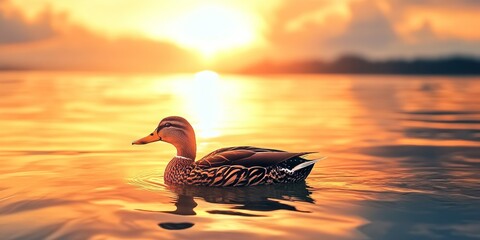 Wall Mural - duck swimming gracefully in tranquil water during a stunning sunset, showcasing the serene beauty of