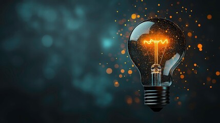 Poster - Light Bulb with Glowing Filament and Sparkling Background in Dark Blue and Orange Color Scheme for Creative Energy and Innovation Concepts