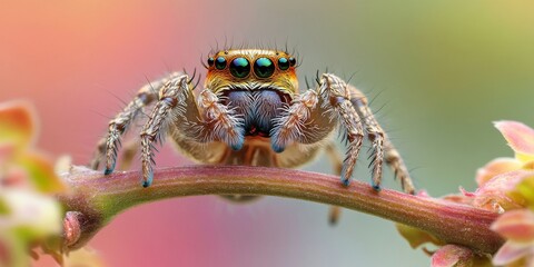Jumping spider captured in a striking pose on a vine, showcasing the fascinating details of the jumping spider s appearance and behavior in its natural habitat.