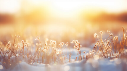 Wall Mural - Abstract closeup winter nature, snowing against sunset light defocused background.