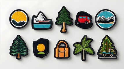 colorful embroidered patches featuring nature and adventure themes