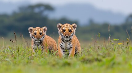 Wall Mural - Two adorable tiger cubs in grassy field.