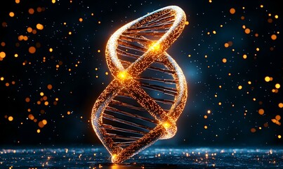 Poster - Glowing DNA Helix Structure with Bright Particles in Dark Background