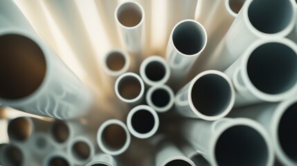 Poster - Stacked pvc pipes of varying diameters industrial setting closeup photography abstract perspective modern infrastructure