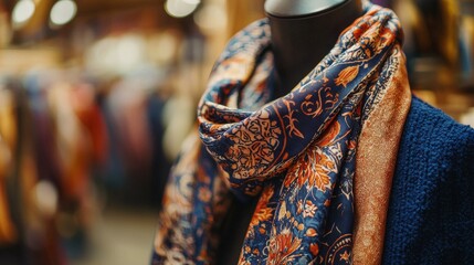 Poster - Elegant luxury scarf draped on display fashion boutique product photography indoor close-up textile art