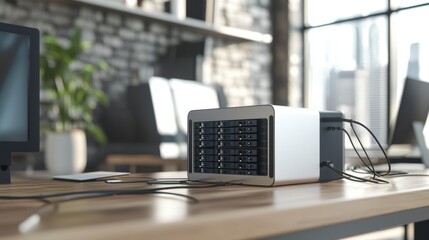 Poster - Innovative network-attached storage setup in modern office technology equipment workspace professional efficiency