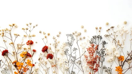 Canvas Print - Dried flowers arranged in a row on white background.