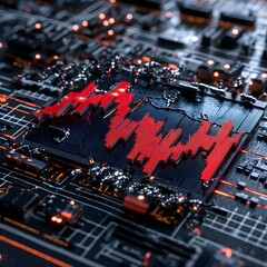 Poster - Abstract Digital Circuit with Sound Wave Pattern in Red and Black