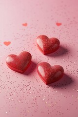 Wall Mural - Red Heart Shaped Candies on Pink Surface