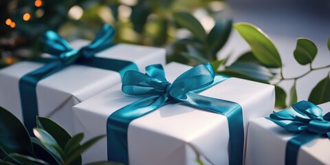 Canvas Print - White Gift Boxes with Blue Ribbons