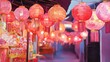 © Raemduean - Chinese new year Market alley with glowing red and gold lanterns, detailed traditional displays, watercolor style