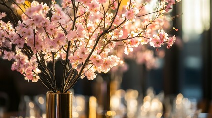 Wall Mural - Elegant Cherry Blossom Arrangement in a Luxurious Setting with Soft Focus Background Highlighting Blooming Petals and Delicate Floral Beauty