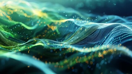 Poster - Abstract visualization of big data flowing like ocean waves with glowing particles and dynamic lines, representing the vastness and complexity of information in digital cyberspace