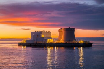 Floating nuclear power plant, twilight.