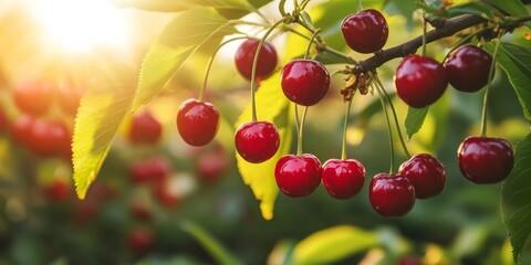 Wall Mural - Vibrant red cherries hanging from a lush tree branch, showcasing the beauty of red cherries in nature, with each red cherry adding to the picturesque scene of a fruitful branch.