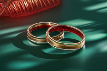 two shining gold wedding rings rest elegantly on a vibrant green surface, symbolizing love and commi