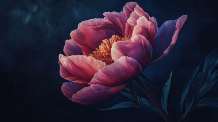 Poster - A single peony blossom set against a dark navy background, close-up shot, Minimalist style