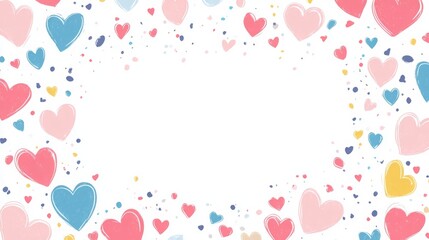 Poster - A vibrant and cheerful arrangement of hearts in various colors surrounds a blank center area, perfect for greeting cards or invitations. This design adds a festive and loving touch to any event.