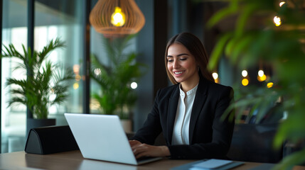 Poster - Professional woman working intently on laptop in modern office space with plants