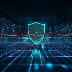 Poster - abstract digital background with shield symbol depicting cybersecurity and data protection concept
