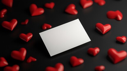Fototapete - A blank card is centered among numerous shiny red hearts scattered on a dark surface. The vibrant colors create a romantic atmosphere, ideal for expressing love or affection.