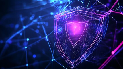 Poster - abstract digital shield design with neural network connections and bright light effects in dark back