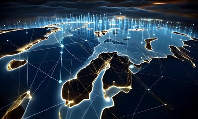 Leinwandbilder - Global worldwide network and data connections animation featuring a glowing world map with blue lights connecting continents and systems.