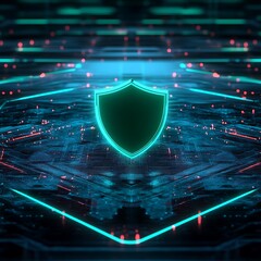 Poster - abstract technology background featuring neon shield with circuit patterns and glowing elements