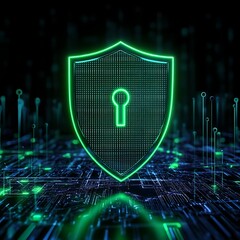 Poster - Digital Security Concept with Neon Shield and Keyhole on Abstract Circuit Board Background