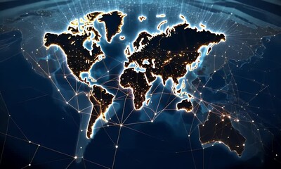 Leinwandbilder - Global worldwide network and data connections animation featuring a glowing world map with blue lights connecting continents and systems.