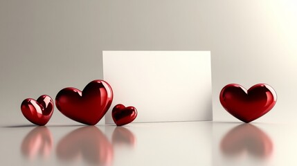 Fototapete - Four red heart shapes of varying sizes surround a blank card on a smooth reflective surface. This setup creates a warm and inviting atmosphere suitable for celebrations or heartfelt messages.