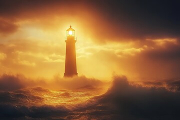 Poster - dramatic view of lighthouse standing tall during stormy evening