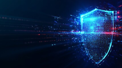 Poster - digital shield concept with glowing data protection icon in a cybersecurity theme background