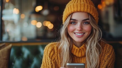 Wall Mural - Happy young woman in casual clothes looking at camera and smiling while drinking coffee 