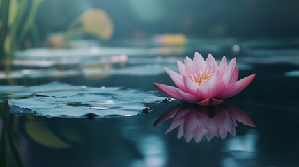 Poster - A single pink lotus flower floating peacefully on a calm pond, reflection shot, Zen tranquility style