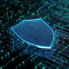 Poster - Digital Shield Icon with Neon Elements on Circuitry Background for Cybersecurity Concepts