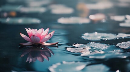 Poster - A single pink lotus flower floating serenely on a calm pond, reflection shot, Zen tranquility style