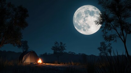 Wall Mural - a serene full moon shining over a peaceful campsite, with a small fire glowing and silhouetted trees