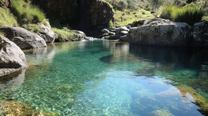 Poster - A serene scene at a natural spring, its clear turquoise water surrounded by lush greenery